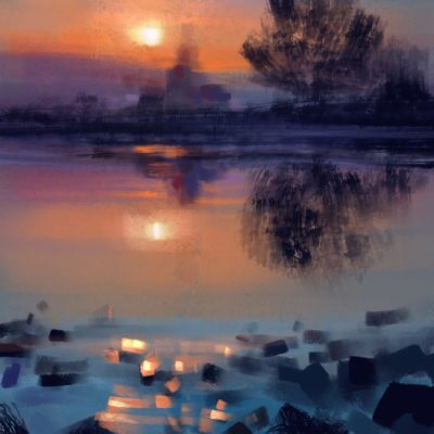 Zachód słońca nad wodą wykonany techniką digital painting