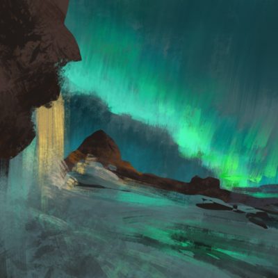 Krajobraz z zorzą polarną namalowany techniką digital painting